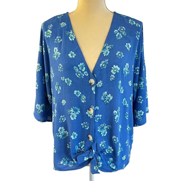 LUQ Floral Button-Down Tie-Front Top 3/4 Sleeve Blouse Blue Size L - Picture 1 of 10